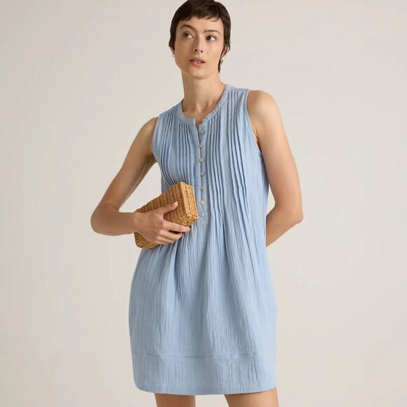 New! $158 QUINCE 100% Organic Cotton Gauze Sleeveless Swing Dress Blue Small NWT - Picture 1 of 16
